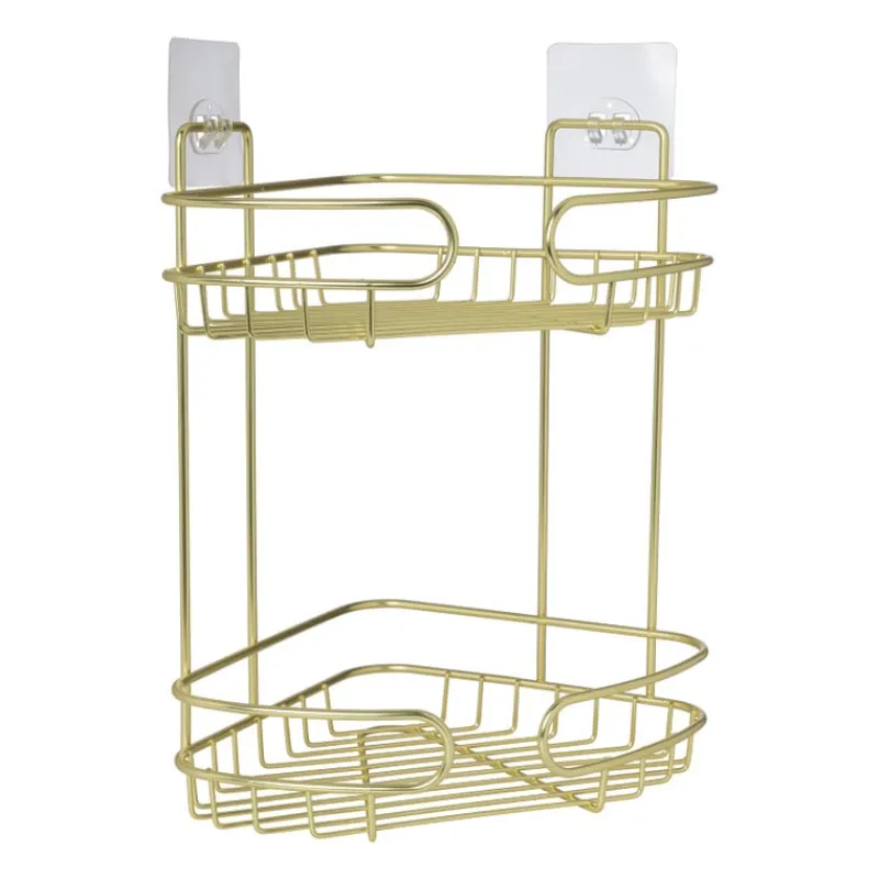 Xenos Badkamer Accessoires|Doucherekjes-Badkamerrek hoek dubbel - goudkleurig - 21.5x21.5x34 cm