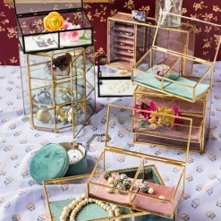 Xenos Sieraden Opbergen|Kerstcadeaus-Bijouxdoos - 2- vaks - goud/roze - 18x9,5x7 cm