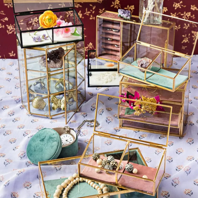 Xenos Sieraden Opbergen|Kerstcadeaus-Bijouxdoos - 2- vaks - goud/roze - 18x9,5x7 cm