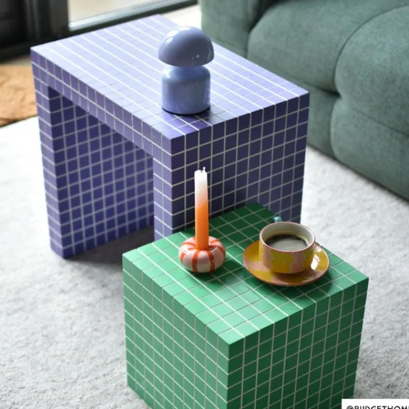 Xenos Bijzettafels-Bijzettafel checks - paars - 48x48x32 cm