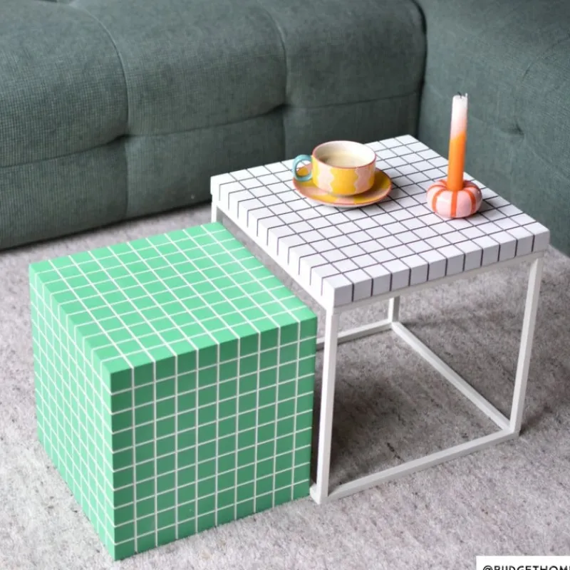 Xenos Bijzettafels-Bijzettafel checks met metalen frame - wit - 36x36x36 cm
