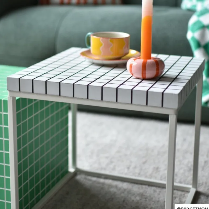 Xenos Bijzettafels-Bijzettafel checks met metalen frame - wit - 36x36x36 cm