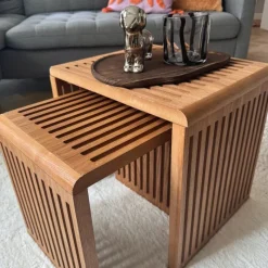 Xenos Bijzettafels-Bijzettafel Japandi groot - bruin - 40x42x35 cm