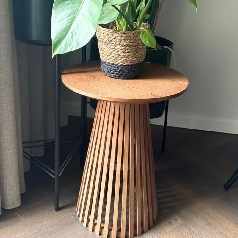 Xenos Bijzettafels-Bijzettafel Japandi rond - bruin - ø40x50 cm