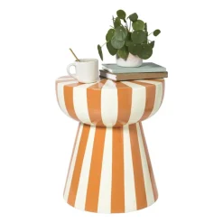 Xenos Bijzettafels-Bijzettafel stripes - beige/oranje - ø40x45 cm
