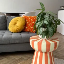 Xenos Bijzettafels-Bijzettafel stripes - beige/oranje - ø40x45 cm