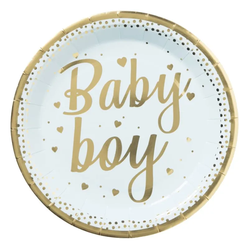 Xenos Wegwerpservies|Babyshower-Bord baby boy - blauw/goudkleurig - set van 8