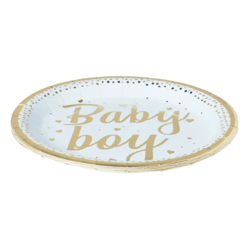 Xenos Wegwerpservies|Babyshower-Bord baby boy - blauw/goudkleurig - set van 8