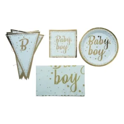 Xenos Wegwerpservies|Babyshower-Bord baby boy - blauw/goudkleurig - set van 8