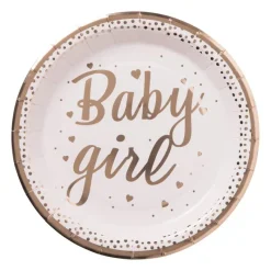 Xenos Wegwerpservies|Babyshower-Bord baby girl - roze/koperkleurig - set van 8