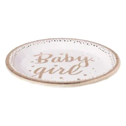 Xenos Wegwerpservies|Babyshower-Bord baby girl - roze/koperkleurig - set van 8