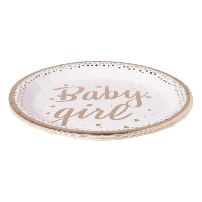 Xenos Wegwerpservies|Babyshower-Bord baby girl - roze/koperkleurig - set van 8