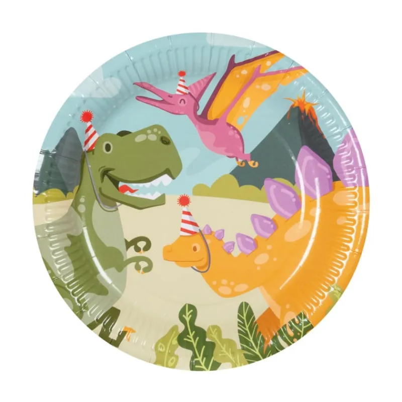 Xenos Wegwerpservies|Kinderfeestjes-Borden dino - ø22 cm - set van 10