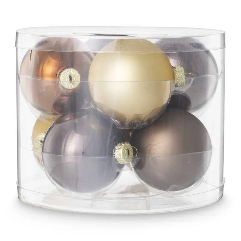 Xenos Kerstballen-Box met kerstballen - bruin - ø7 cm - set van 8