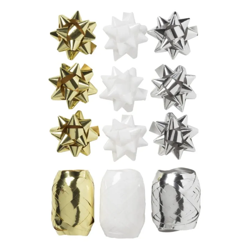 Xenos Cadeaulinten|Kerst Inpakken-Cadeaulinten en strikken mix - goud/zilver/wit - set van 12