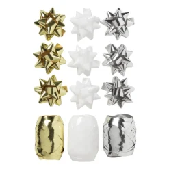 Xenos Cadeaulinten|Kerst Inpakken-Cadeaulinten en strikken mix - goud/zilver/wit - set van 12