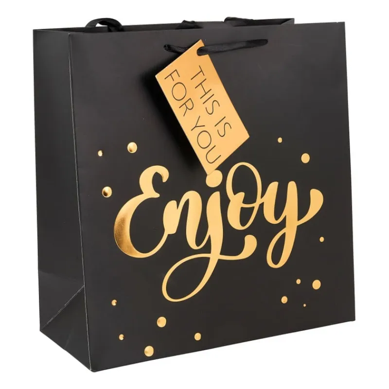 Xenos Cadeautasjes|Kerst Inpakken-Cadeautasje enjoy - zwart en goud - 26x27 cm