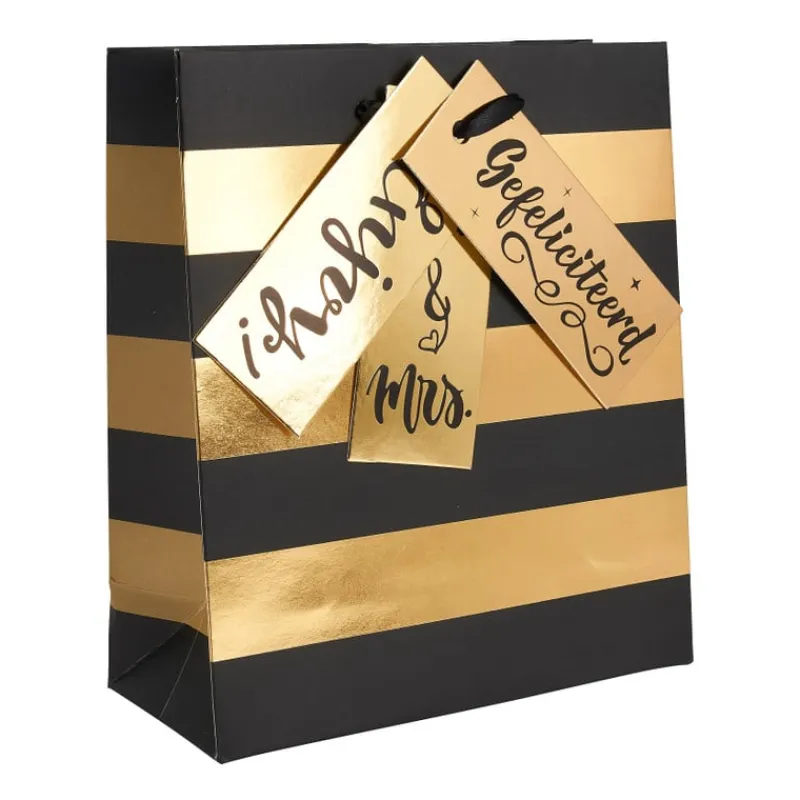 Xenos Cadeautasjes-Cadeautasje zwart met goud - stripes - 18x21 cm