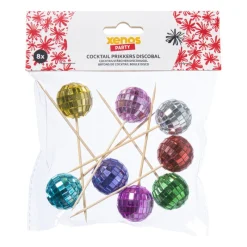 Xenos Wegwerpservies|Prikkers-Cocktailprikkers met discobal - multikleur - set van 8