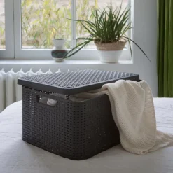 Curver Opbergbakken|Opbergboxen-opbergmand met deksel groot - grijs - 23x44x33 cm