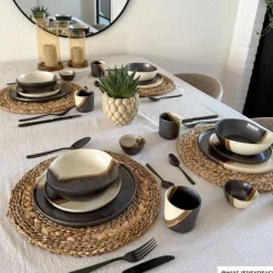 Xenos Borden|Kerstservies-Diep bord cortado - beige/zwart - ø18x5.8 cm