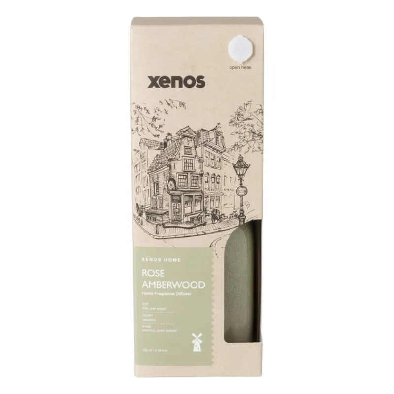 Xenos Kerstcadeaus|Geurstokjes-Diffuser rose amberwood - groen - ø7.7x11.8 cm