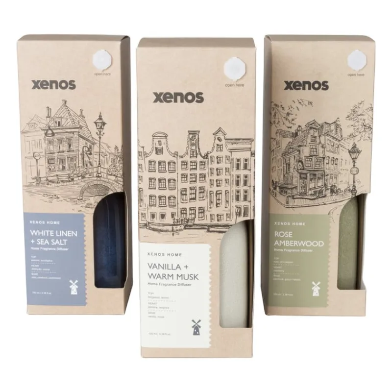 Xenos Kerstcadeaus|Geurstokjes-Diffuser white linen & sea salt - blauw - ø7.7x11.8 cm