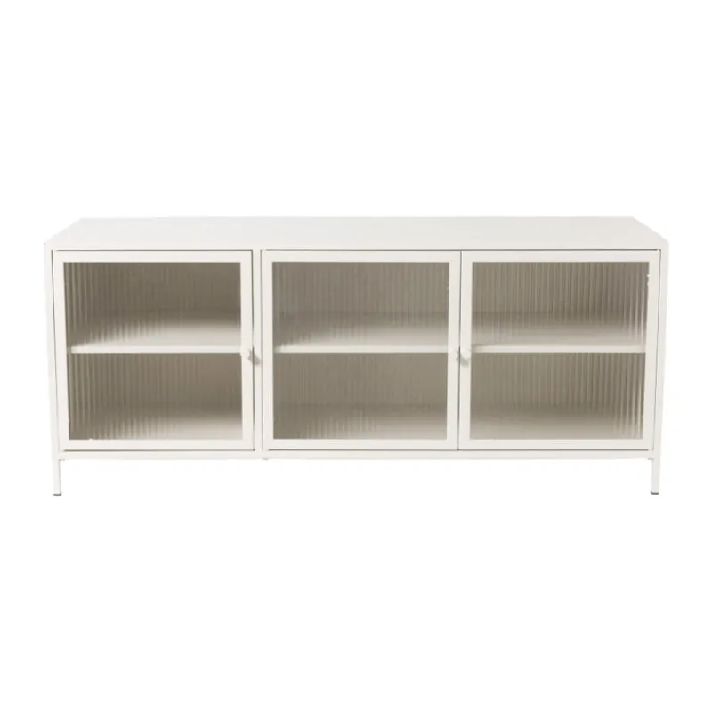 Xenos Tv Meubels|Kast Met Deuren-Dressoir Luca met geribbeld glazen deurtjes - offwhite - 50x120x42 cm