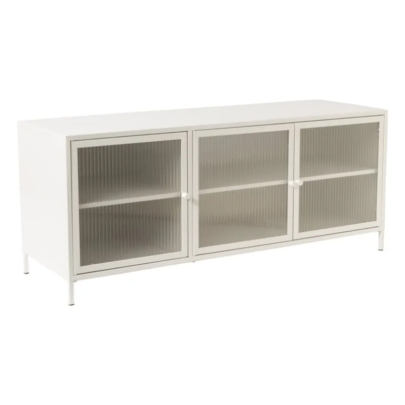 Xenos Tv Meubels|Kast Met Deuren-Dressoir Luca met geribbeld glazen deurtjes - offwhite - 50x120x42 cm