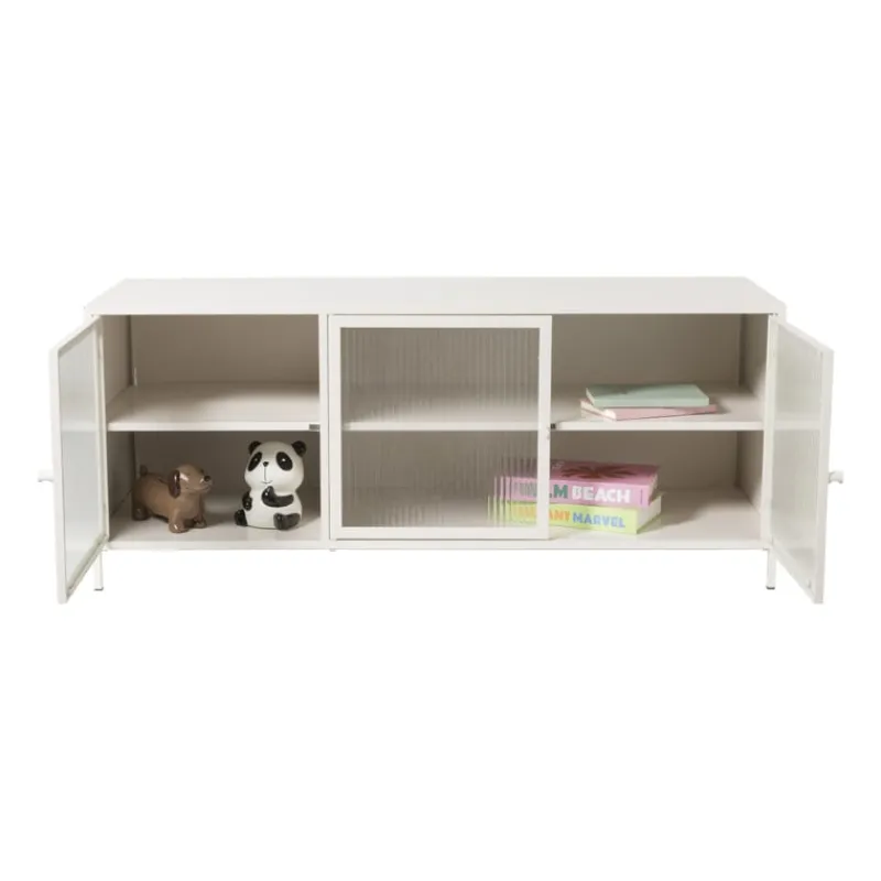 Xenos Tv Meubels|Kast Met Deuren-Dressoir Luca met geribbeld glazen deurtjes - offwhite - 50x120x42 cm