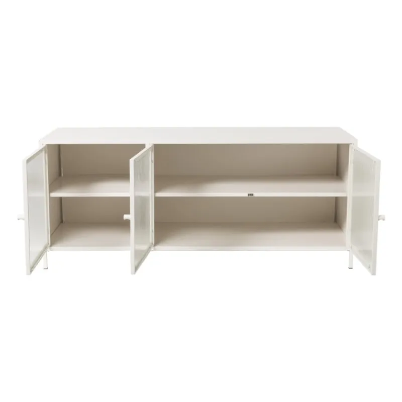 Xenos Tv Meubels|Kast Met Deuren-Dressoir Luca met geribbeld glazen deurtjes - offwhite - 50x120x42 cm
