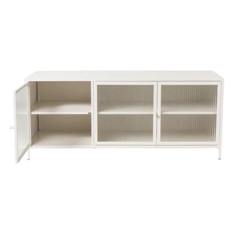 Xenos Tv Meubels|Kast Met Deuren-Dressoir Luca met geribbeld glazen deurtjes - offwhite - 50x120x42 cm