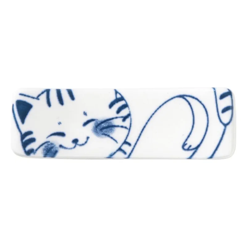 Xenos Sushi Servies|Eetstokjes-Eetstokjeshouder Mico kat - blauw/wit - 1.5x6x1.2 cm
