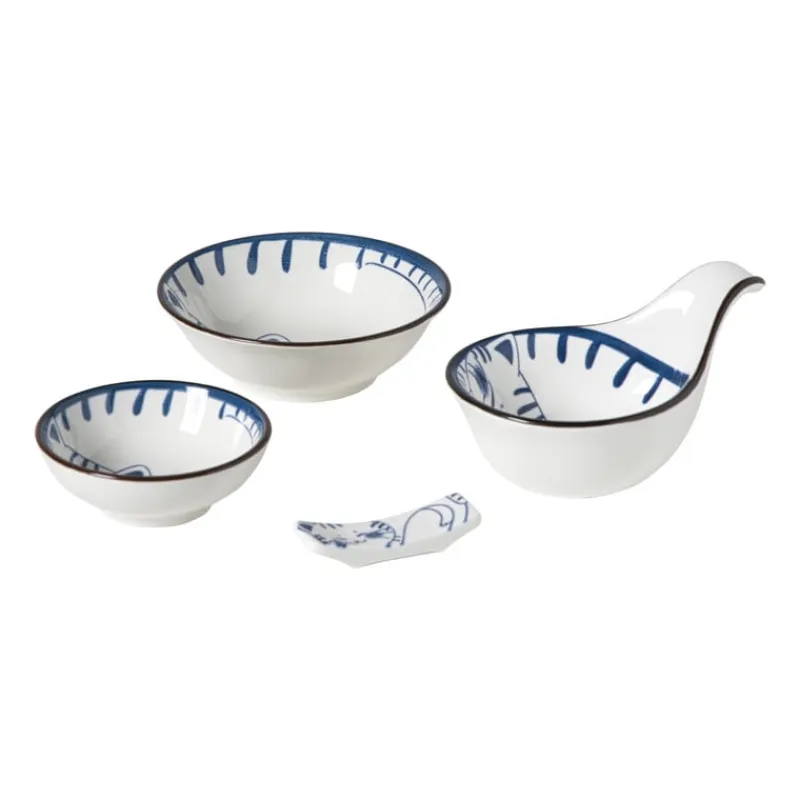 Xenos Sushi Servies|Eetstokjes-Eetstokjeshouder Mico kat - blauw/wit - 1.5x6x1.2 cm
