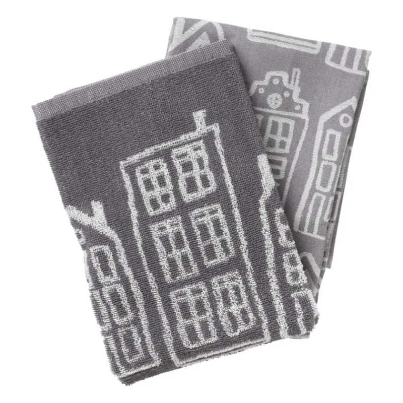 Xenos Thee- En Keukendoeken-Handdoek antraciet huisjes - antraciet/wit - 50x50 cm