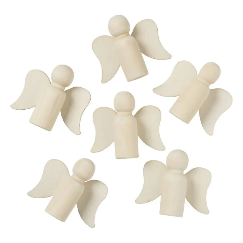 Xenos Knutselspullen|Kerst Knutselen-Houten engeltjes - set van 6 - naturel