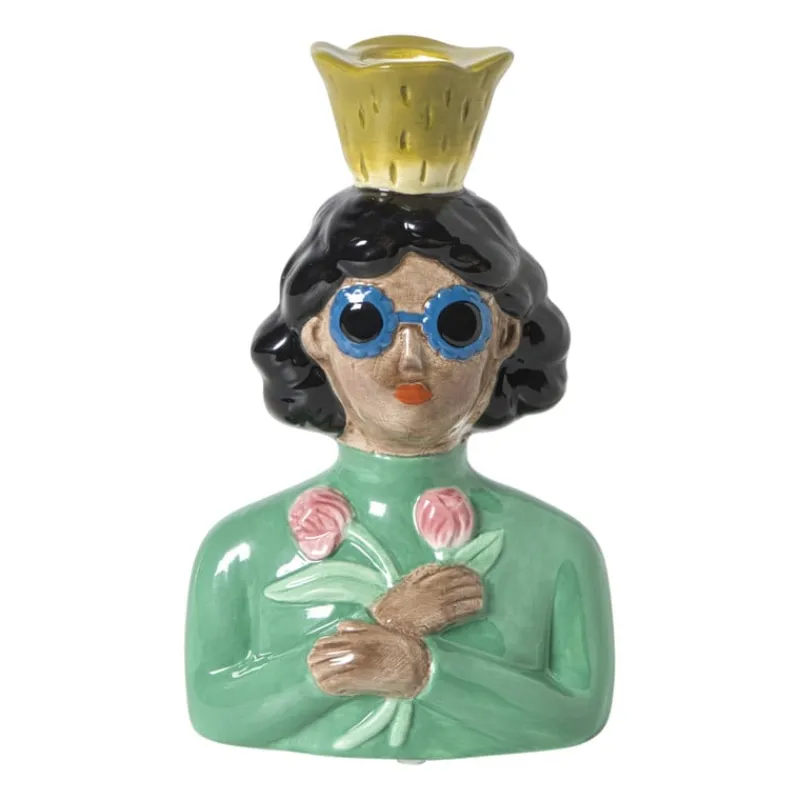 Xenos Kandelaars-Kandelaar vrouw met bloemen - groen - 19.5x13x9 cm