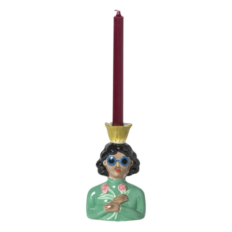 Xenos Kandelaars-Kandelaar vrouw met bloemen - groen - 19.5x13x9 cm