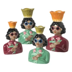 Xenos Kandelaars-Kandelaar vrouw met bloemen - groen - 19.5x13x9 cm