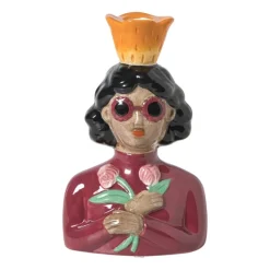 Xenos Kandelaars-Kandelaar vrouw met bloemen - roze - 19.5x13x9 cm