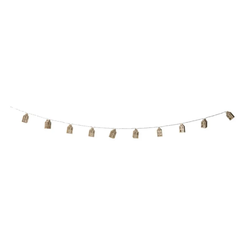 Xenos Kerstverlichting|Kerstboom Verlichting-Kerst lichtslinger met huisjes - goudkleurig - 135 cm