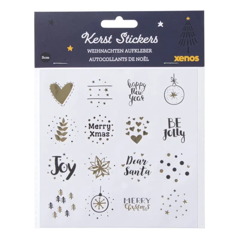 Xenos Stickers|Kerst Inpakken-Kerst stickervel - wit/goud/zwart - set van 12