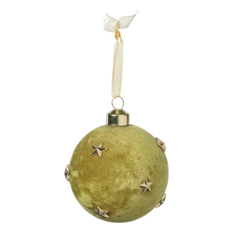 Xenos Kerstballen-Kerstbal velvet met sterren - groen/goudkleurig