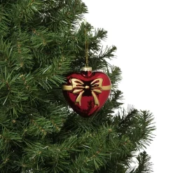 Xenos Kerstcadeaus|Kersthangers-Kersthanger hart met strik - bordeaux rood - 10.5x10x4.5 cm