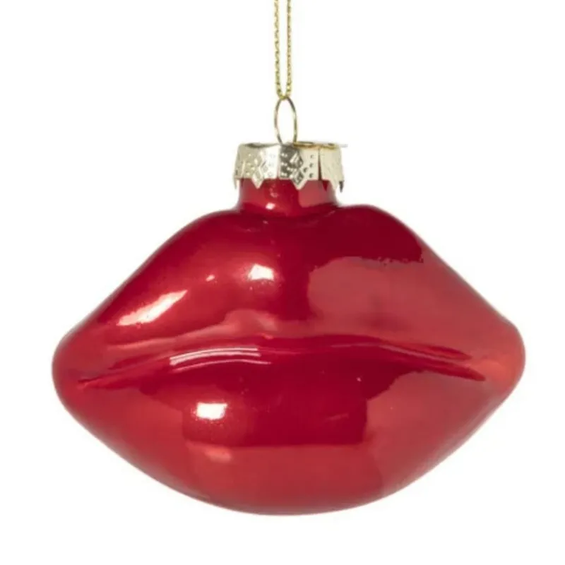 Xenos Kersthangers|Kerstballen-Kersthanger lippen rood - glas - 8.5x9.5x5 cm