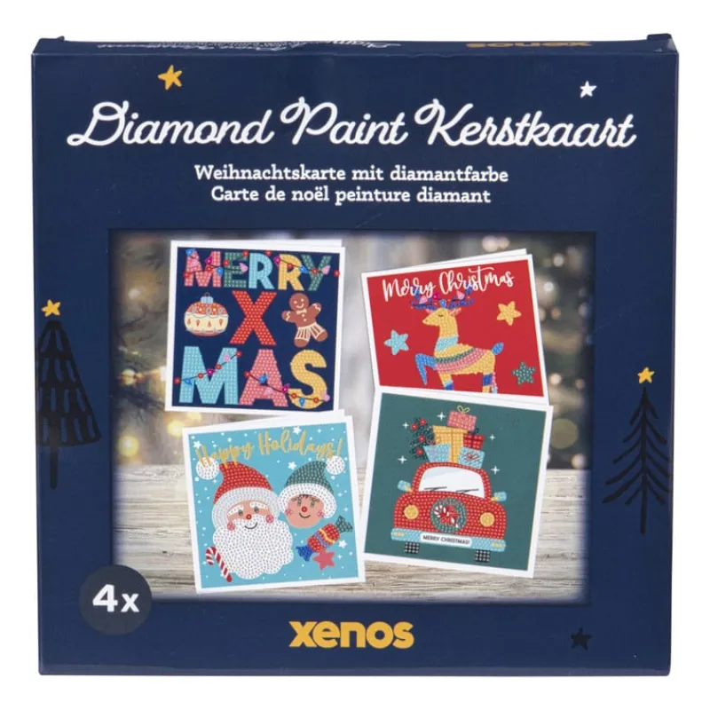 Xenos Kerst Knutselen-Kerstkaart diamond painting DIY - set van 4