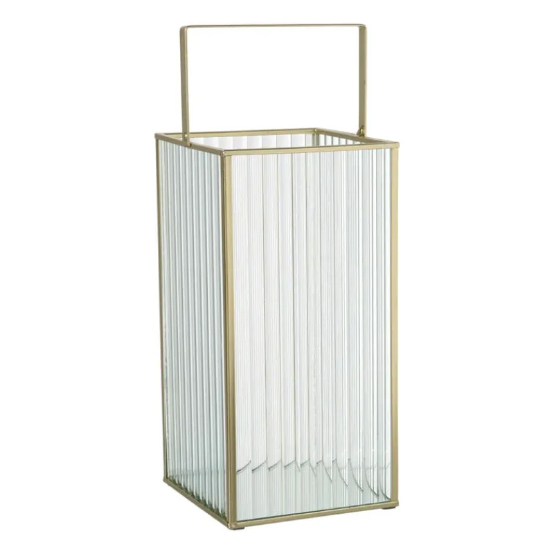 Xenos Lantaarns-Lantaarn rib vierkant - goud/transparant - 25.5x13x13 cm