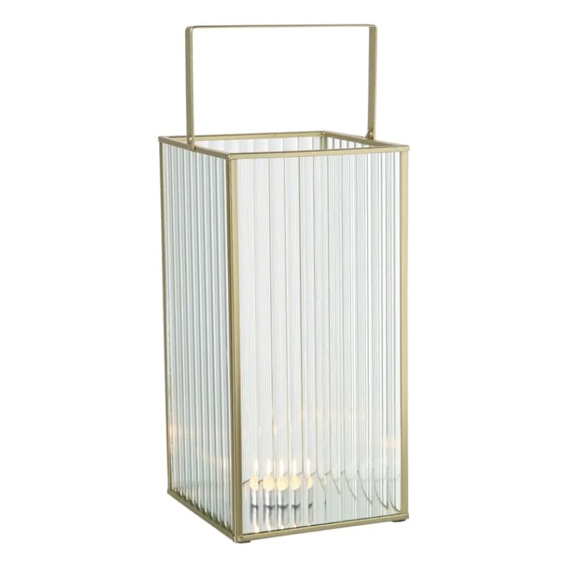 Xenos Lantaarns-Lantaarn rib vierkant - goud/transparant - 25.5x13x13 cm