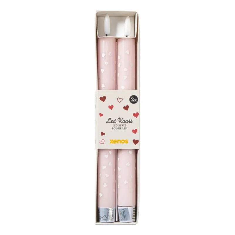 Xenos Led Kaarsen-LED kaars hartjes - roze/rood - ø2.2x24 cm