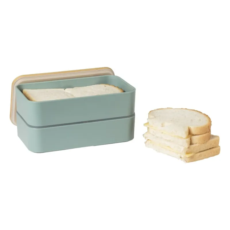 Xenos Broodtrommels-Lunchbox dubbel - groen - 9.5x18.5x10.5 cm